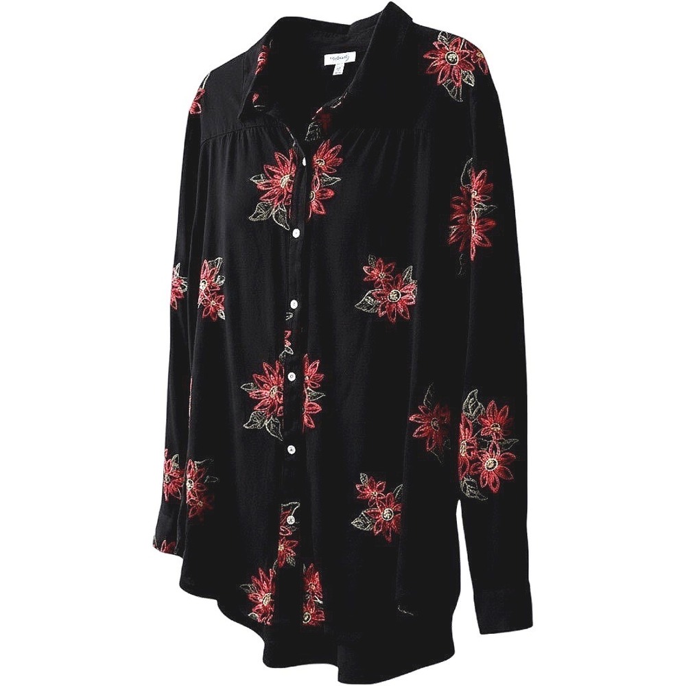 Rose & Beverly Boho Black Red Floral Embroidered Button Down Shirt XL Folk Style